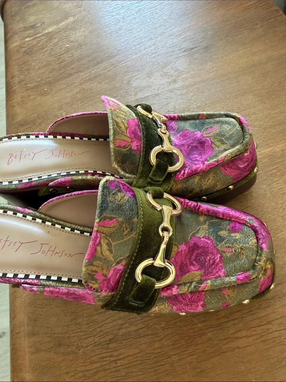 Betsey Johnson Pink & Olive Floral Velvet Mules with Gold Hardware - Picture 5 of 5